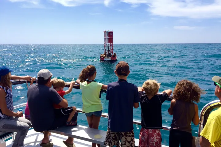 a group of people standing next to a body of water