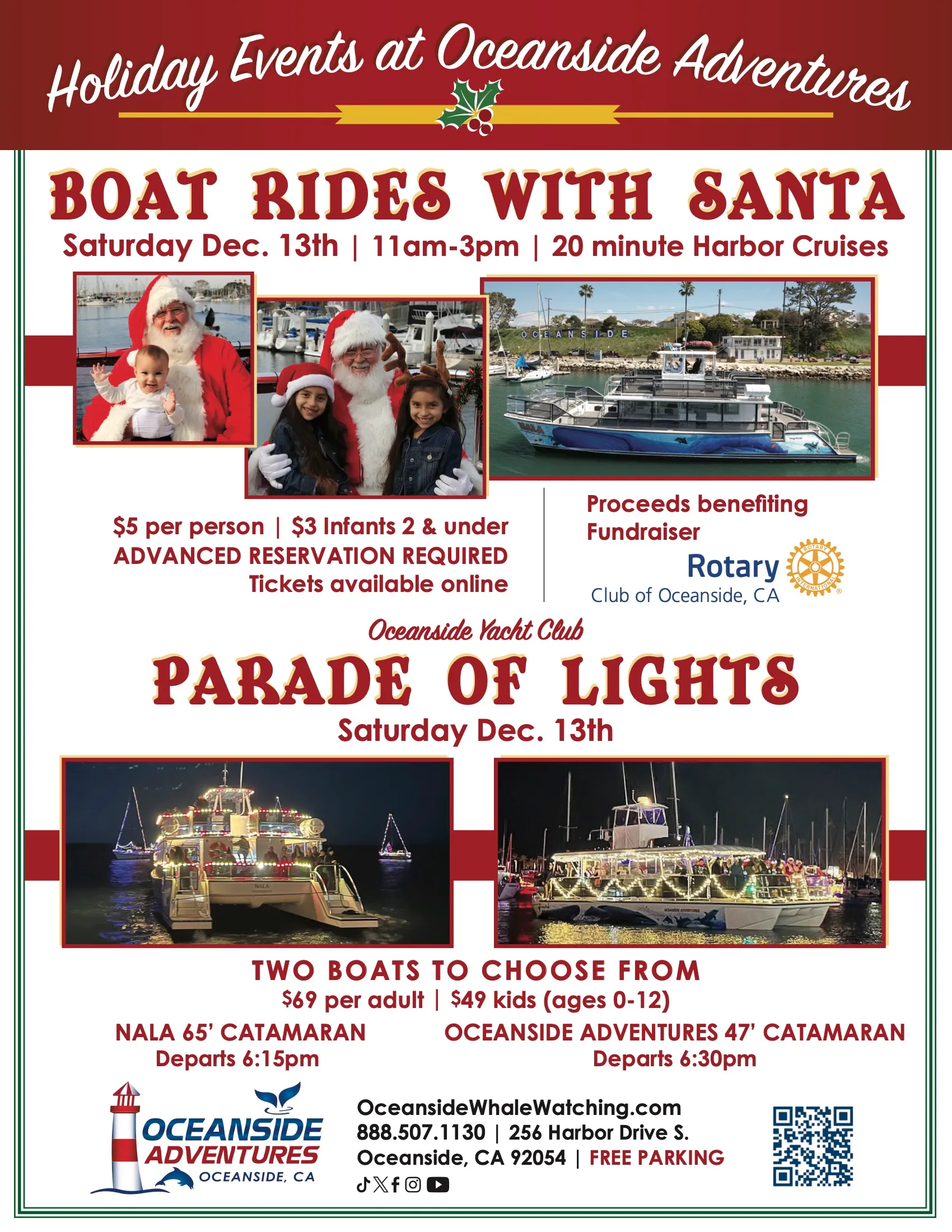 Poster for 'Holiday Events at Oceanside Adventures' featuring boat rides with Santa and a parade of lights.