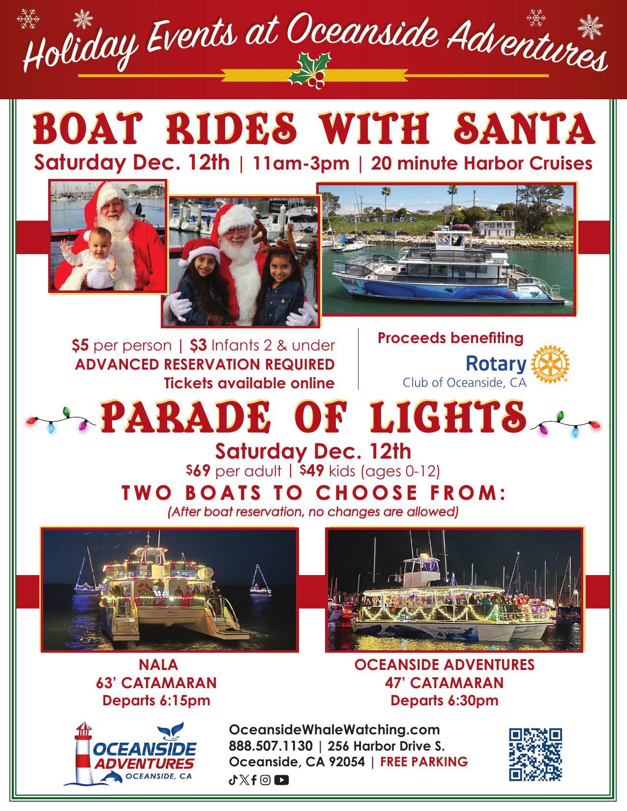 Holiday events poster featuring boat rides with Santa and a Parade of Lights on December 12th.